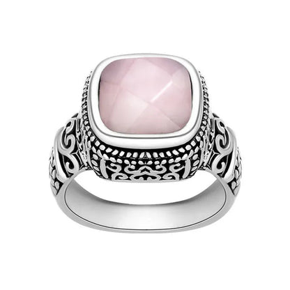 Antique Silver Rose Quartz Gemstone Square Rope Edge Vintage Band Ring Size 5 6 7 8 9 10 11 12