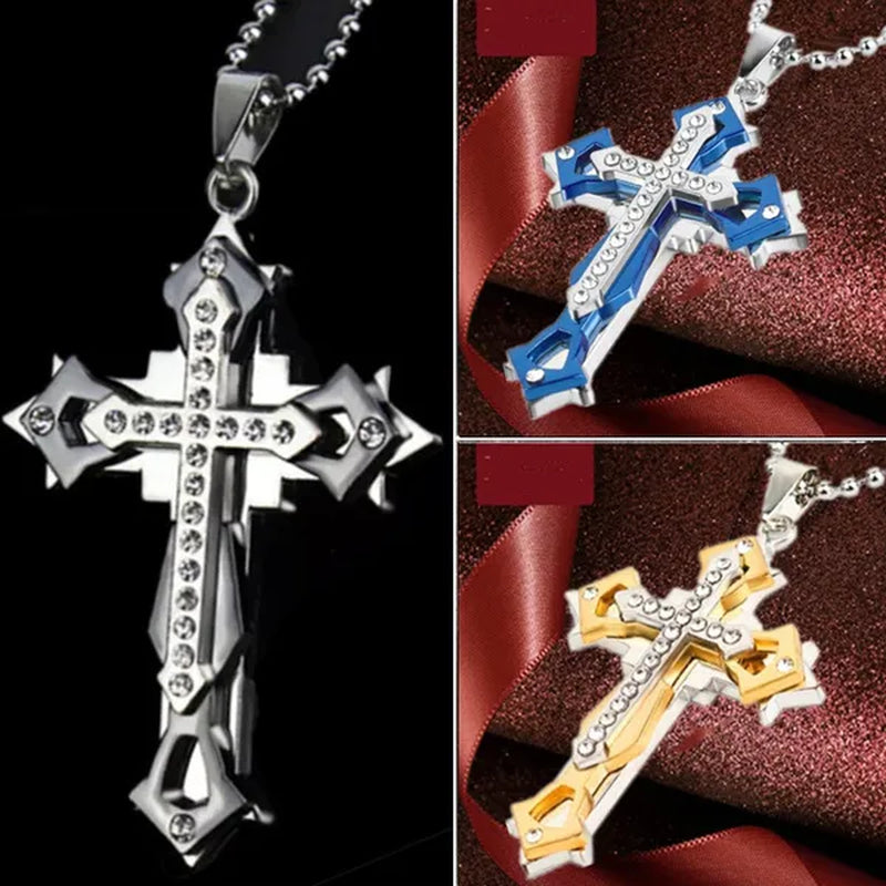 Fashion Men's Creative Diamond Cross Necklace Double Pattern Jesus Cross Pendant Hip Hop Necklaces for Men Cross Jewelry Religious Belief Amulet Birthday Anniversary Gift