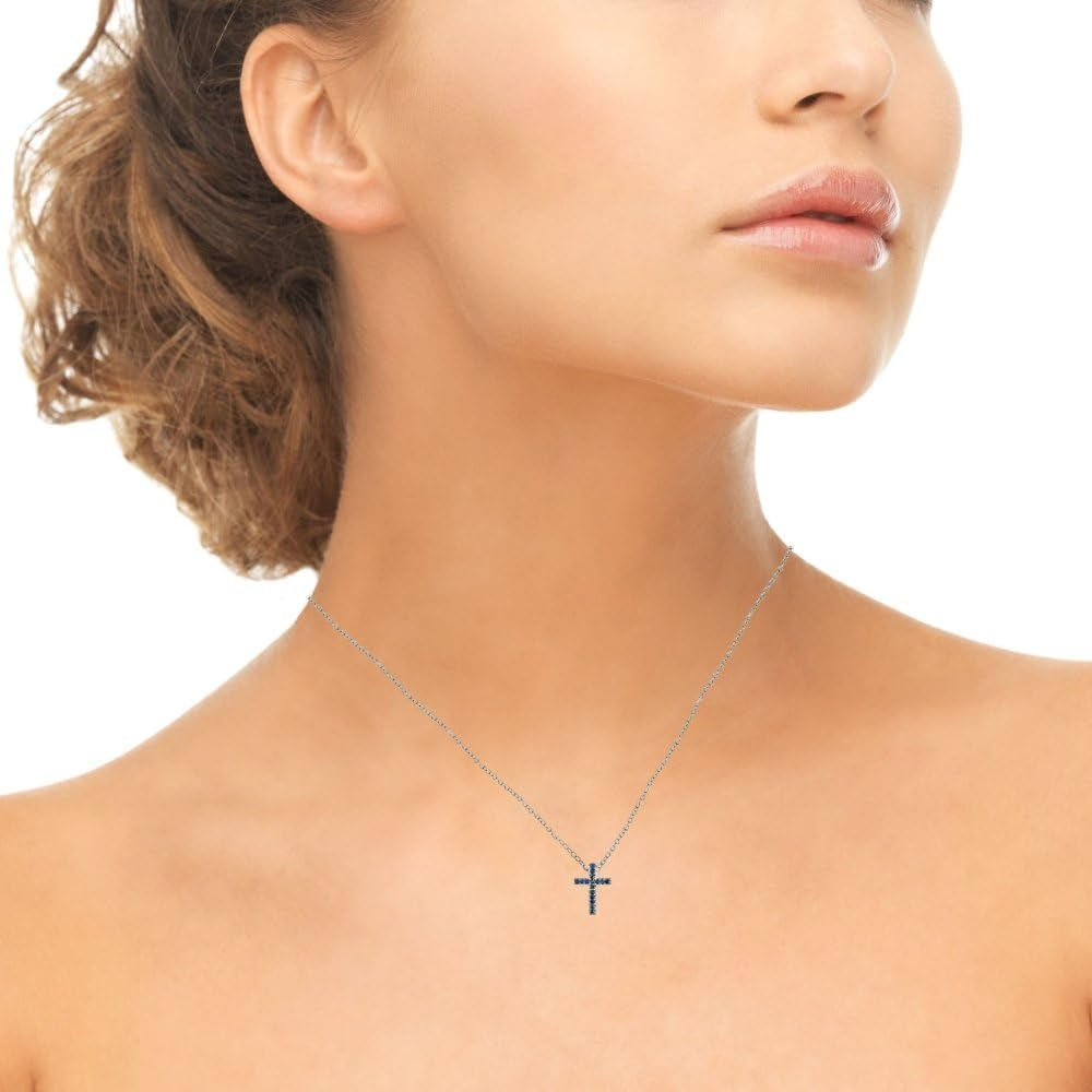 Cross Necklace for Women, Sterling Silver Genuine Blue Sapphire Gemstones Small Dainty Cross Pendant Neckace