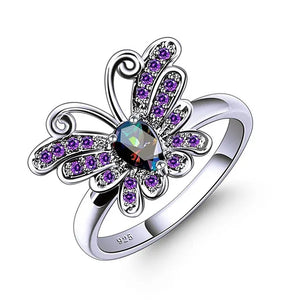 Jewelry 925 Sterling Silver Rainbow Topaz Filled Butterfly Ring for Teen Girls 4*6mm pear shaped high quality lab-created amethyst sapphire Pink gemstone Rings