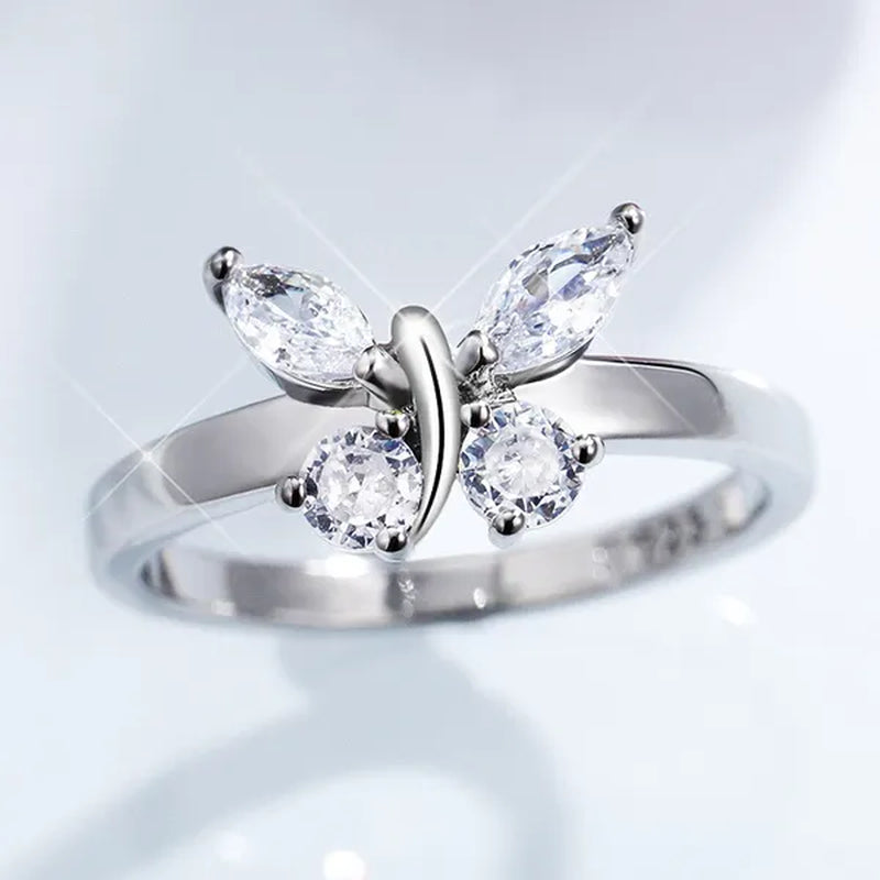 "If you are in full bloom, the butterfly will come" luxury silver crystal butterfly ring cubic zirconia exquisite bridal wedding party ring fashion jewelry (size: 5-11)