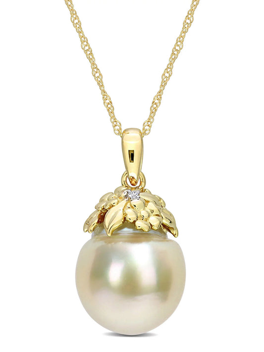 9-10Mm Drop South Sea Cultured Freshwater Pearl and Diamond Accent 14Kt Yellow Gold Leaf Crown Drop Pendant with Chain
