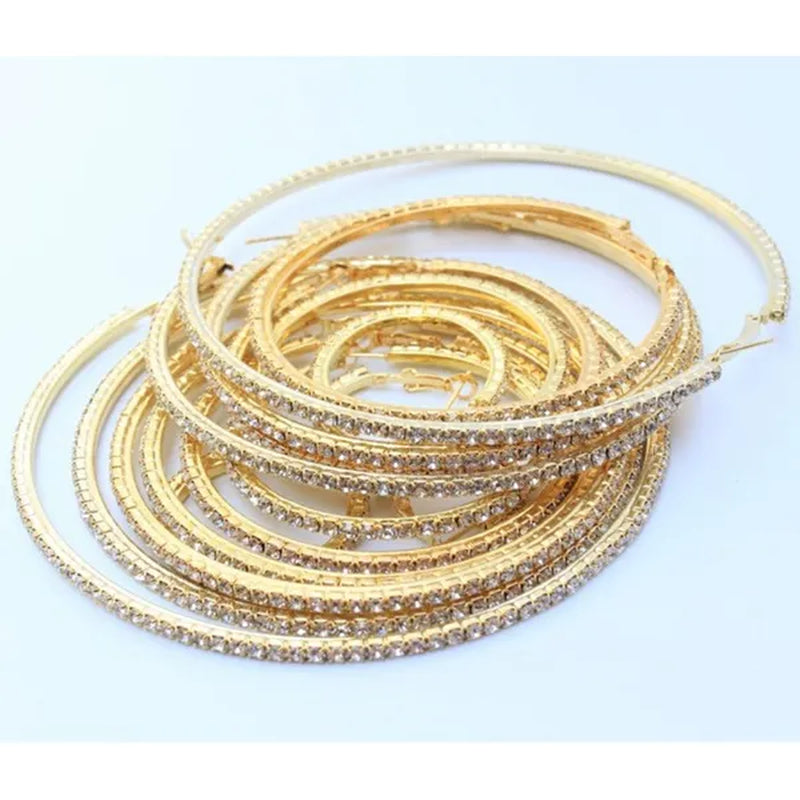 Trendy Big Circle Gold Silver Hoop Earrings Women's Fashion Rhinestone Diamond Round Earrings Party Jewelry