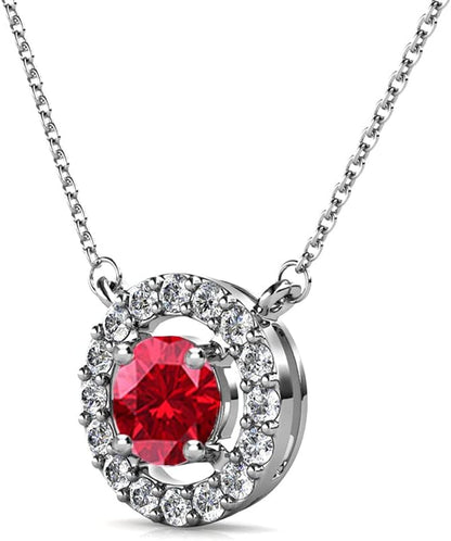 Royal 18K White Gold Plated Birthstone Necklace for Women, Silver round Cut Halo Crystal Necklace with Simluated Diamond Crystals, Jewelry for Women