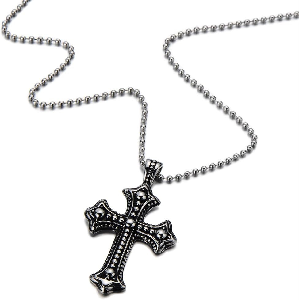 Men'S Stainless Steel Gothic Cross Necklace, Distressed Silver Tone Religious Pendant with Ball Chain, Vintage Biker Jewelry Gift