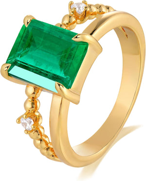 Gold Simulated Emerald Rings 14K Gold Plated Rings for Women Dainty Green Rings Stacking Ring Statement Ring Cut Simulated Emerald Gemstones CZ Gold Rings Band Size 6 to 8