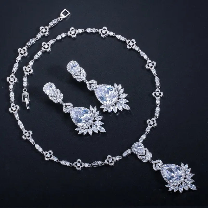 CANDICE White Gold Plated Marquise Cubic Zirconia Bridal Big Drop Earrings Necklace Set For Women Gorgeous Engagement Wedding Jewelry Sets