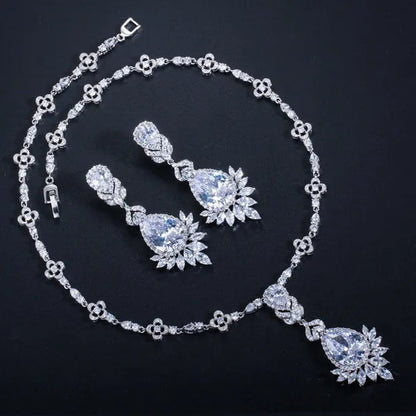 CANDICE White Gold Plated Marquise Cubic Zirconia Bridal Big Drop Earrings Necklace Set For Women Gorgeous Engagement Wedding Jewelry Sets