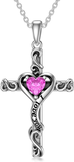 Cross Necklace for Women Girls 925 Sterling Silver Cross Birthstone Necklace Religious Necklace Faith Jewelry Gifts for Women Teen Girls I Love You Gifts for Her