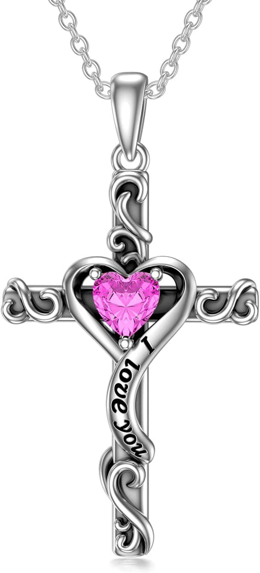 Cross Necklace for Women Girls 925 Sterling Silver Cross Birthstone Necklace Religious Necklace Faith Jewelry Gifts for Women Teen Girls I Love You Gifts for Her