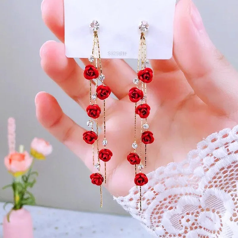 New Exquisite Women's Fashion S925 Silver Needle Diamond Rose Long Tassel Earring Jewelry Gift