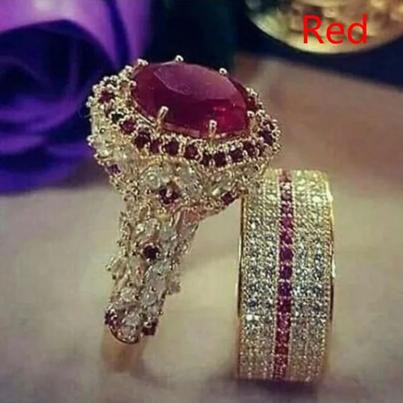 2Pcs/Set Elegant Beautiful Woman Fashion Antique Art Deco Jewelry Exquisite Birthstone Charming Noble Bride Engagement Wedding Luxury Jewelry Girlfriend Valentine'S Day Christmas Anniversary Gift Brand Ring Jewelry Size US4-12 Bague Femme