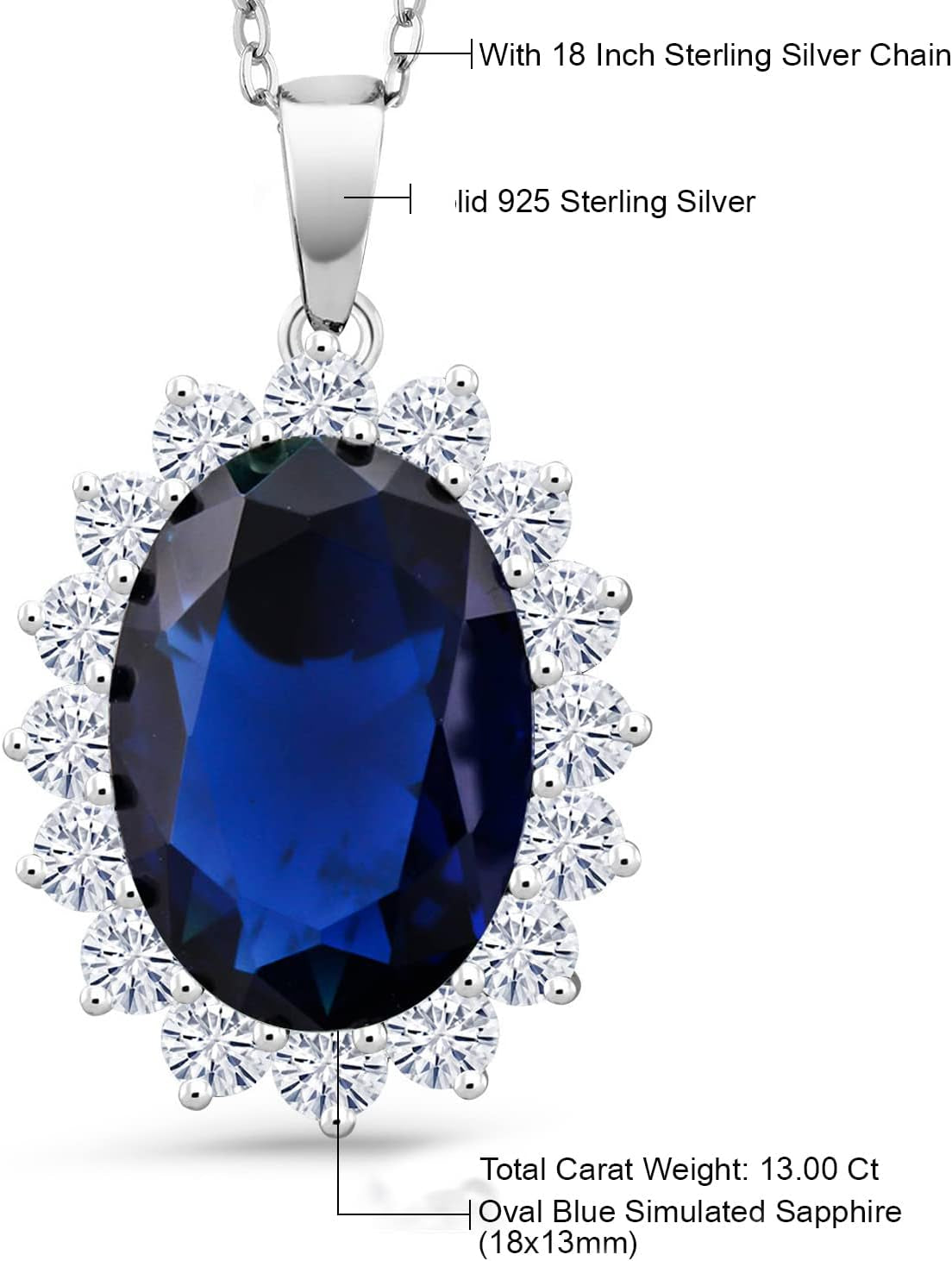 925 Sterling Silver Blue Simulated Sapphire Pendant Necklace for Women | 13.00 Cttw | Oval 13X18MM | with 18 Inch Silver Chain