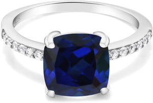 925 Sterling Silver Blue Created Sapphire Engagement Ring for Women (2.62 Cttw, Cushion Cut 8MM, Available in Size 5, 6, 7, 8, 9)