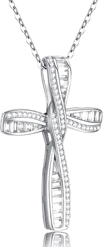 Cross Necklace for Women, 925 Sterling Silver Cross Necklaces, White Gold Cross Pendants,Cubic Zirconia Infinity Loop Cross Pendant Necklace