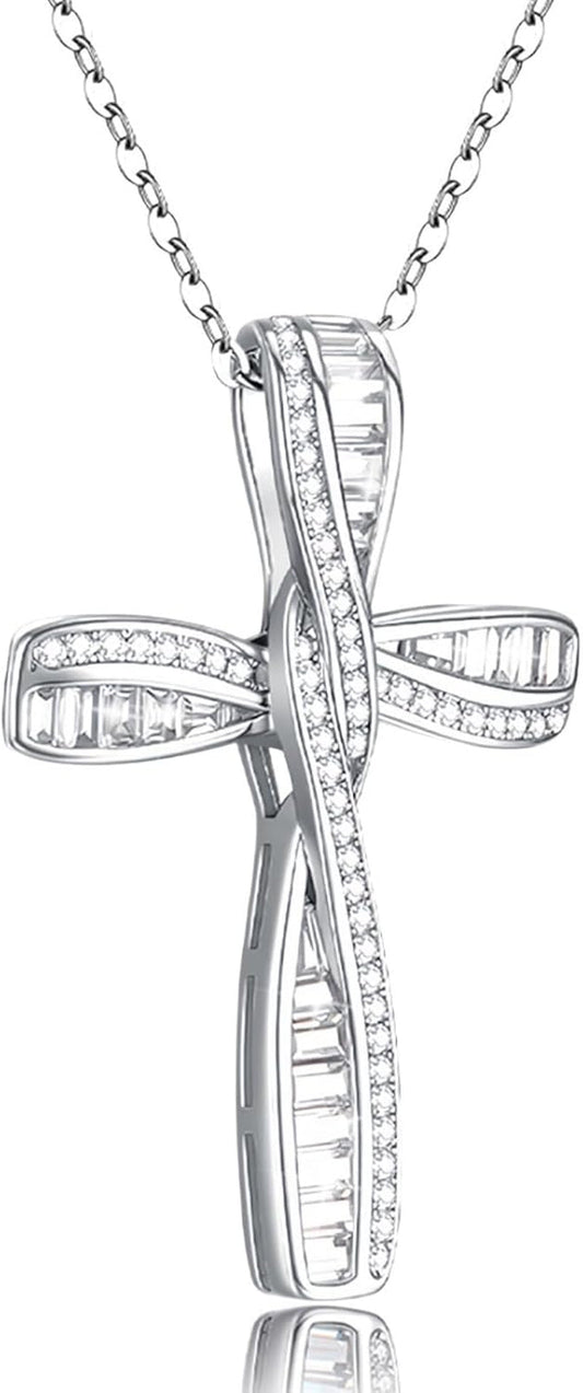 Cross Necklace for Women, 925 Sterling Silver Cross Necklaces, White Gold Cross Pendants,Cubic Zirconia Infinity Loop Cross Pendant Necklace