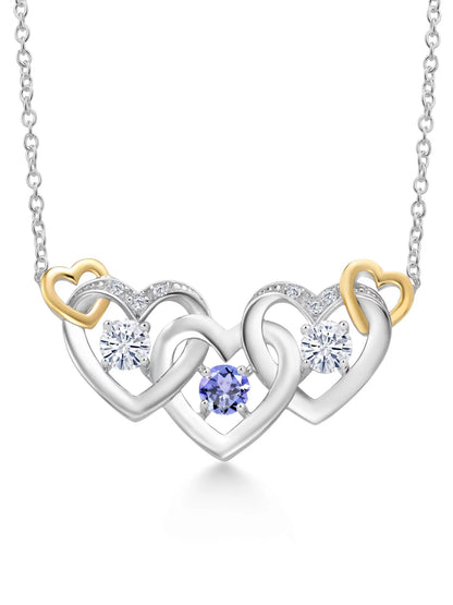 925 Silver and 10K Yellow Gold Blue Tanzanite White Moissanite from Charles & Colvard and White Lab Grown Diamond Heart Shape Pendant Necklace for Women (0.82 Cttw, with 18 Inch Chain)