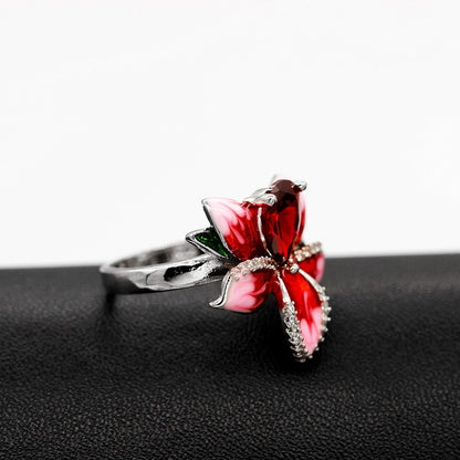 Girl'S Beautiful Red Enamel Rose Ring for Women Blossom Flower Rings with Pear Cut Cubic Zirconia Cocktail Summer Ring RA627