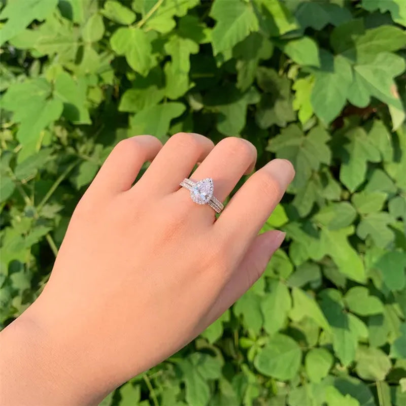 Newshe Halo Pear Shape Solid 925 Sterling Silver Wedding Engagement Rings For Women Water Drop AAAAA  Bridal Set Sz 4-13