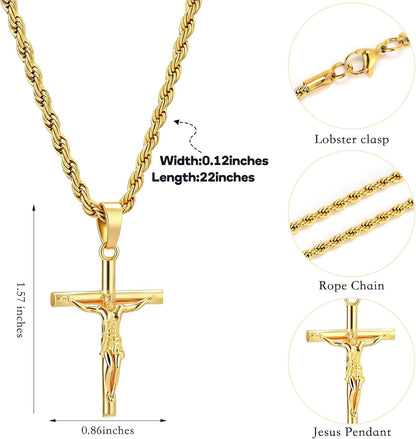 Mens Cross Necklace - Gold/Silver Chain, 18K Gold Plated Crucifix Pendant, Jewelry Gift for Him