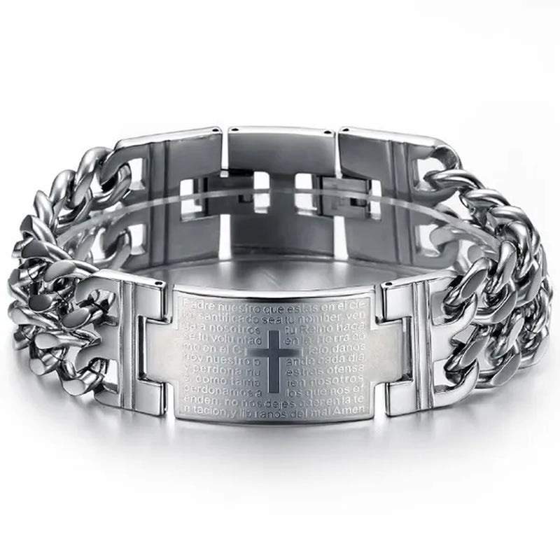New Arrive Men's Fashion Jewelry Punk Rock Wide Silver 316L Stainless Steel Holy Bible Cross Link Chain Bracelet Bangle , Mens Gift BY EZMAX