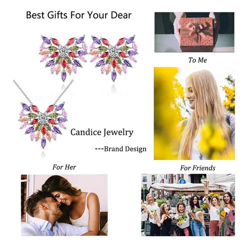 CANDICE New Fashion Women Heart Pendant Jewelry Set Pave Purple Red Green Marquise Cubic Zirconia Party Chain Necklace Big Stud Earrings Sets for Girls Gift