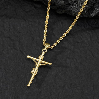 18K Gold over S925 Crucifix Necklace for Men with Rope/Cuban Chain, Catholic Jesus Cross Pendant, Men'S Religious Gift for Easter Christmas