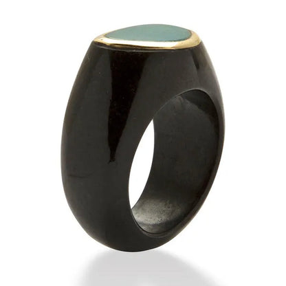 Genuine Blue Opal and Black Jade 10k Yellow Gold Bezel-Set Cabochon Ring