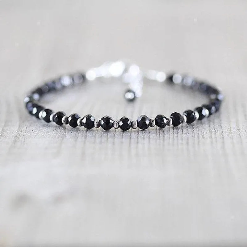 Black Spinel, Sterling & Karen Hill Tribe Silver Bracelet Boho Beaded Gemstone Bracelet Dainty Stacking Bracelet - WORLD TIME VISITS
