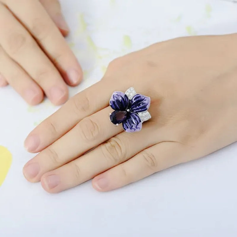 New Fashion Butterfly Flower Ring Jewelry Women 9Natural Gemstone Amethyst Ring Anniversary Christmas Gift Bridal Engagement Wedding Ring Size US5-11