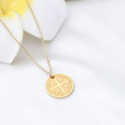 Jerusalem Crusaders Cross Disc Pendant Necklace Religious Jewelry Baptism Gift for Protection