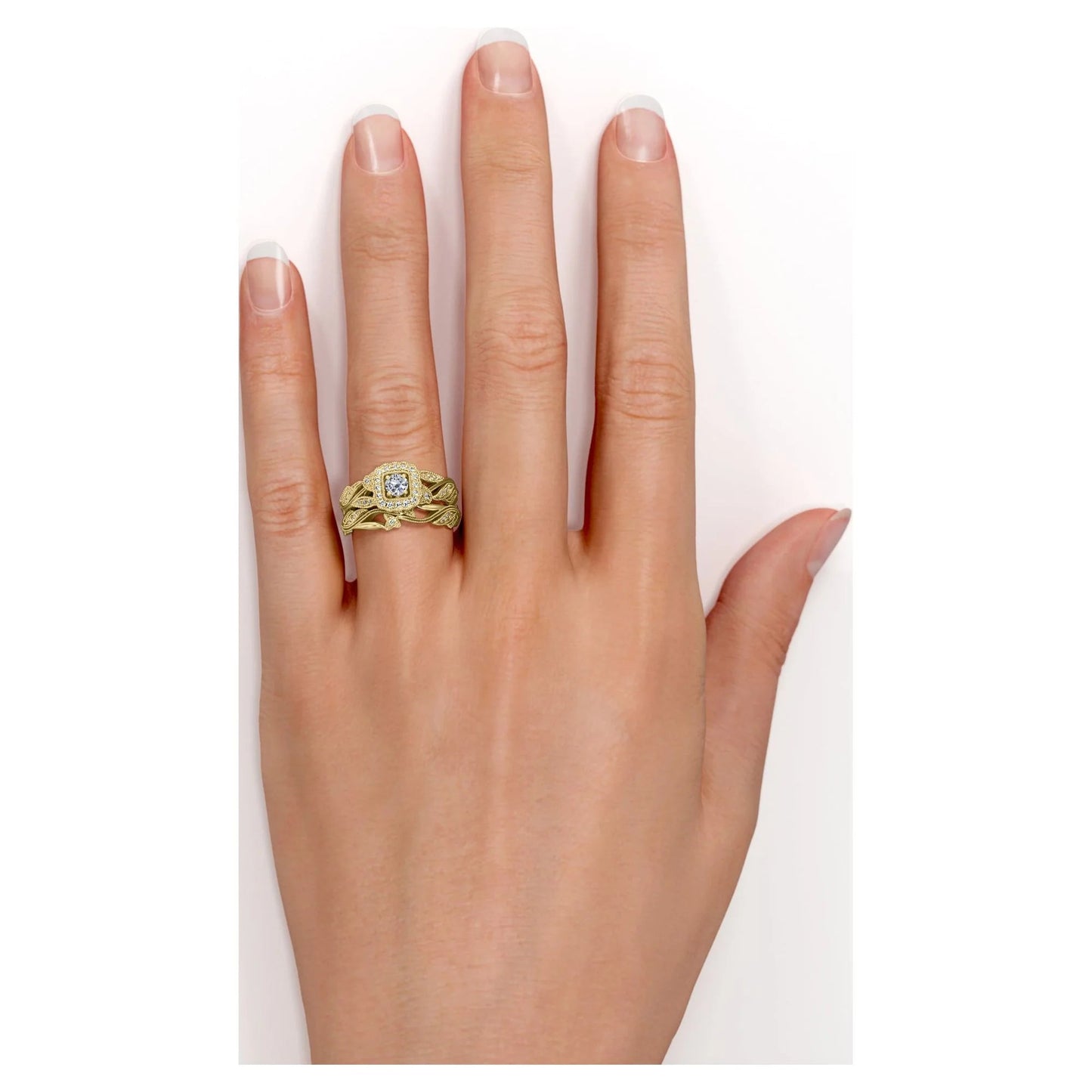 round Diamond - Edwardian Diamond Filigree Ring - Art Deco Style - Wedding Ring Set in 10K Yellow Gold