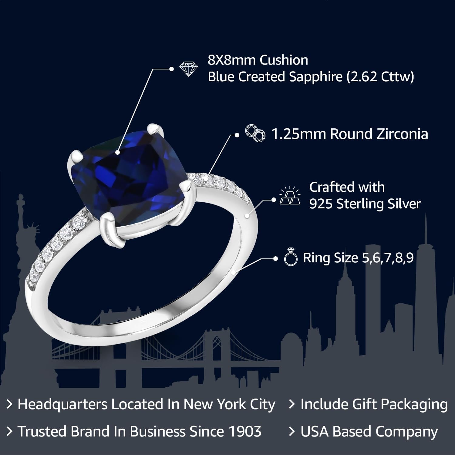 925 Sterling Silver Blue Created Sapphire Engagement Ring for Women (2.62 Cttw, Cushion Cut 8MM, Available in Size 5, 6, 7, 8, 9)