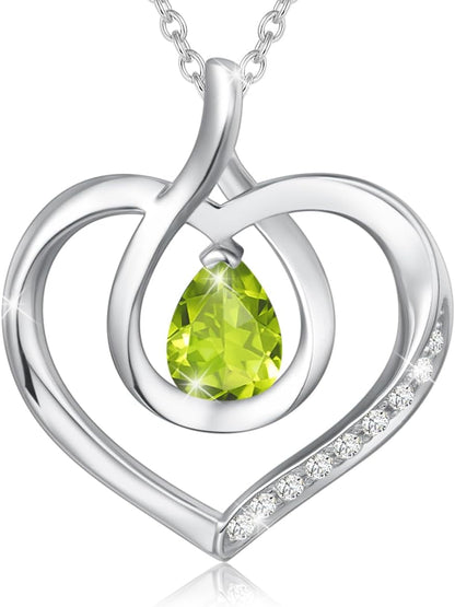 Heart Birthstone Necklace for Women Sterling Silver Genuine or Created Gemstone Forever Love Pendant Necklace Fine Jewelry Anniversary Birthday Gifts for Women Mom Wife Her