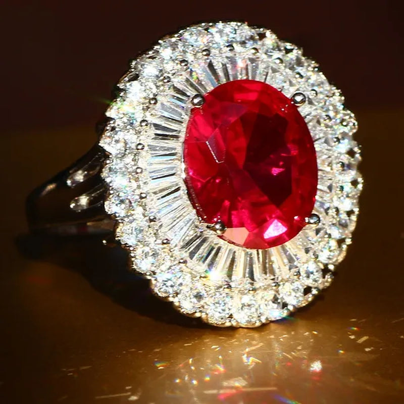 Huge  Silver Ruby & White Sapphire Birthstone Gemstones Engagement Wedding Anniversary Flower Ring