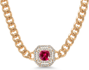 14K Yellow Gold Plated Gemstone Birthstone and White Moissanite Necklace | Cuban Curb Link Chain Pendant Necklace for Women | Cushion 6MM | 16 Inch Chain + 2 Inch Extender