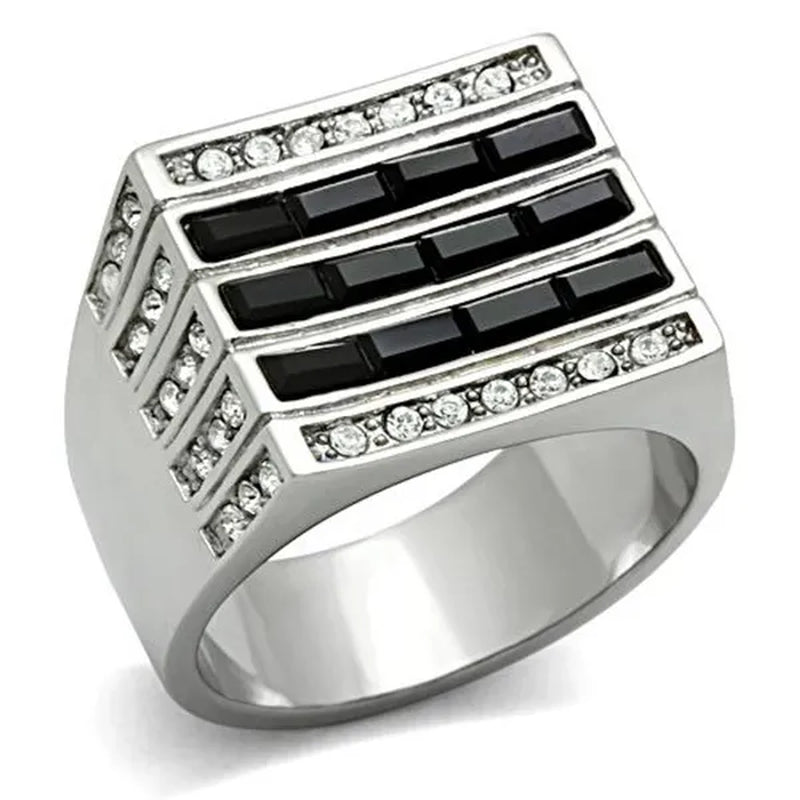 Men's 3.5 Ct Black & Clear Faux Diamond Silver Stainless Steel Ring Sizes 8-13