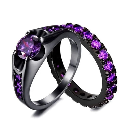 3PCS Amethyst Couple Rings 18K Black Gold Plated Womens Wedding Rings Sets and 8Mm Titanium Steel Men Engagement Promise Band Party Ring