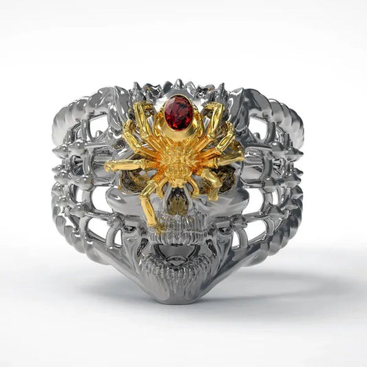Retro Personality Two-Tone Stainless Steel Spider Skull Ring Ruby Inlay Men'S Punk Jewelry
