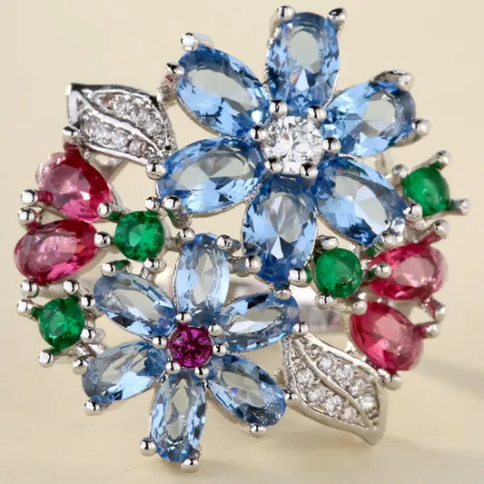 Silver Plated Ring Multicolored & Zircon Color Flower Cluster Brand Ring Wedding Size(Us): # 6 7 8 9 10