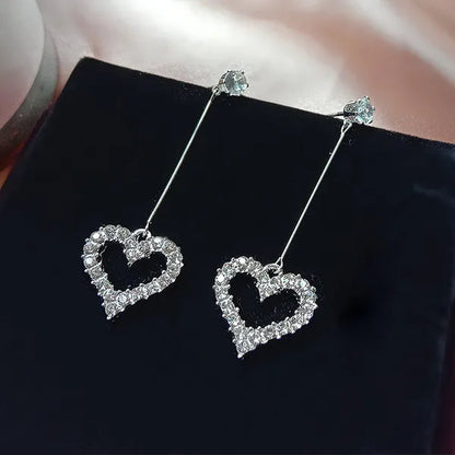New Exquisite Korean Women'S Fashion Diamond Long Tassel Heart-Shaped Pendant Earrings Jewelry Gift