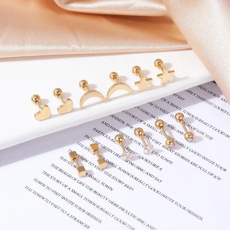 6 Pairs 5 Colors Stainless Steel Tiny Stud Earrings for Women Girls Heart Moon Star Crystal CZ Earrings Cartilage Helix Ear Piercing Set