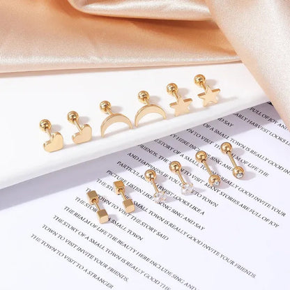 6 Pairs 5 Colors Stainless Steel Tiny Stud Earrings for Women Girls Heart Moon Star Crystal CZ Earrings Cartilage Helix Ear Piercing Set