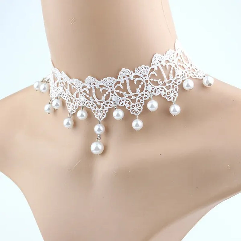 White Lace Necklace Chokers Black Collares Vintage Style Female Gothic Wedding Red Rose Crystal Diamond Pendant Collarbone Necklaces Chain Accessories for Women Girls - WORLD TIME VISITS
