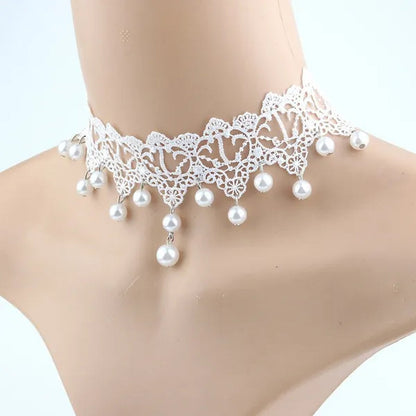 White Lace Necklace Chokers Black Collares Vintage Style Female Gothic Wedding Red Rose Crystal Diamond Pendant Collarbone Necklaces Chain Accessories for Women Girls - WORLD TIME VISITS