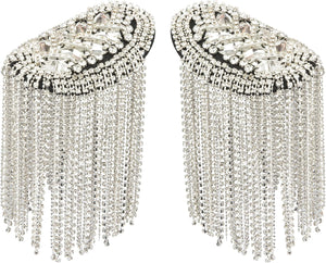 2 Pieces Tassel Epaulets Metal Fashion Shoulder Jewelry Rhinestones Cloth Accessories Brooches for Women, 2×3.7In (Silver)