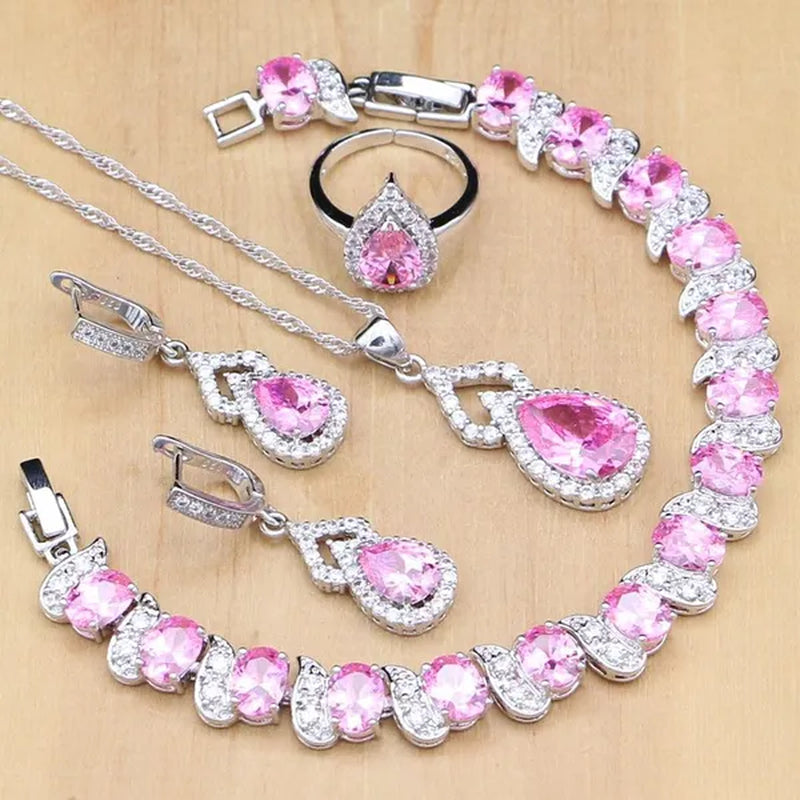 925 Silver Jewelry Sets Blue Sapphire White Topaz Open Rings Earrings Pendant Necklace Bracelet for Bridal Women