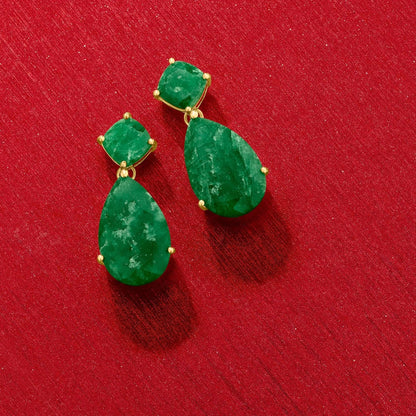 19.20 Ct. T.W. Emerald Drop Earrings in 18Kt Gold over Sterling