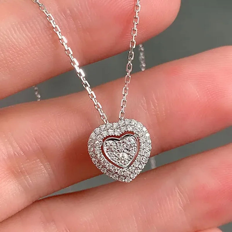 New Fashion Micro Pave 0.34ct Diamond Lover Heart Pendant Necklace for Women Romantic Wedding Party Necklace