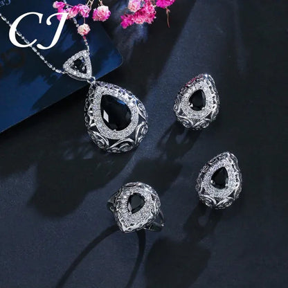 CANDICE Elegant Stamp Sterling Silver Plated Women Jewelry Set Pear Drop Red Cubic Zirconia Necklace Earring Ring 3Pcs Sets